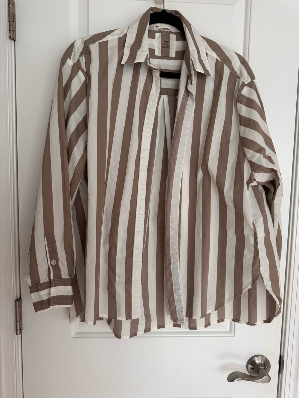 aerie Vertical Stripe Button-Up Blouse in Cream & Tan